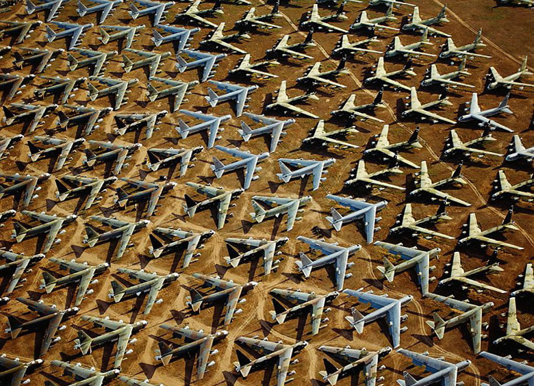 Boeing B-52s are stored at the military aircraft boneyard
